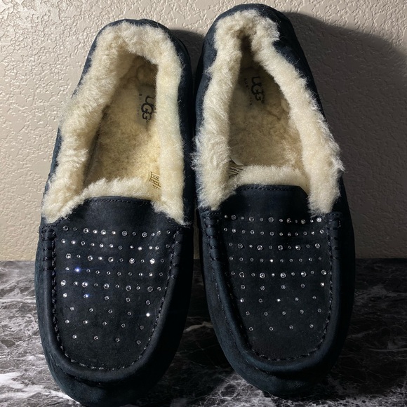 Rhinestone UGG Loafer Slippers Suede Sherpa - Picture 1 of 4